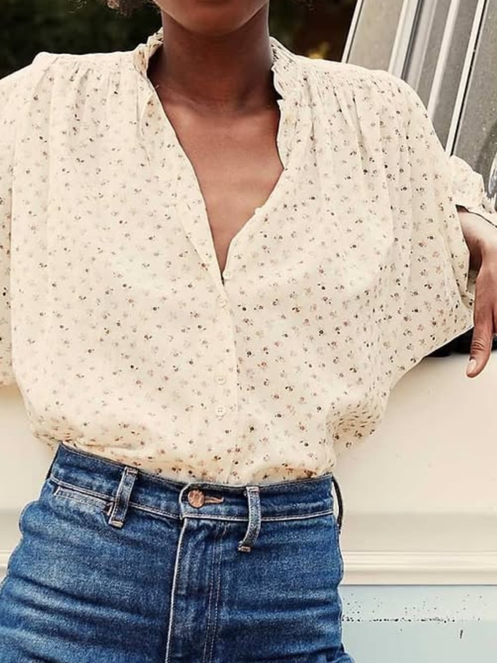 Doen Rose Cream Parc Monceau Floral Button Front Blouse XS